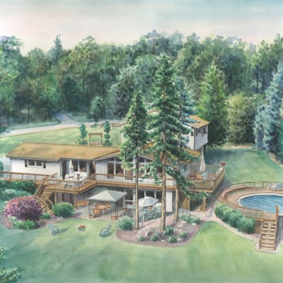 Hand Painted Watercolor of Beautiful Landscape with A Huge Single House with A Pool,by myDaVinci - myDaVinci